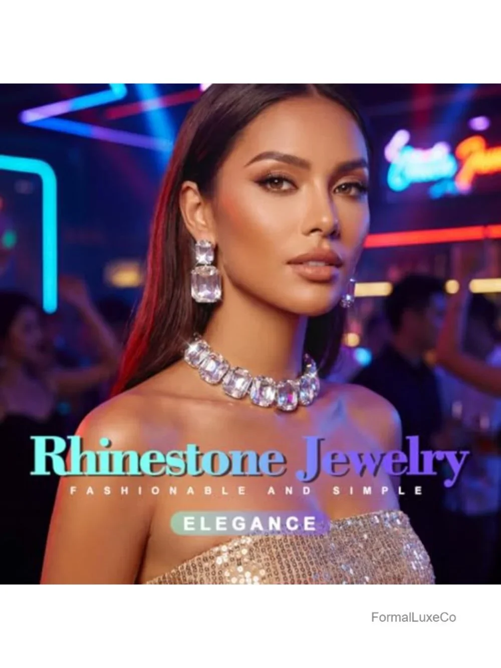 Rhinestone Choker Necklace and Earrings Set Silver Bling Crystal Statement Prom